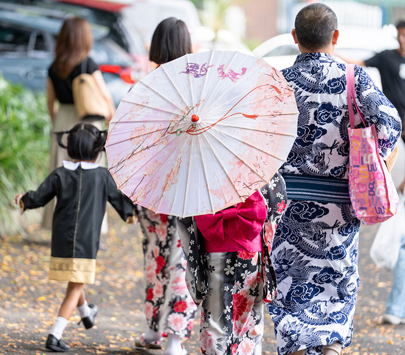 Visitors wearing yukata and experiencing Japanese traditions